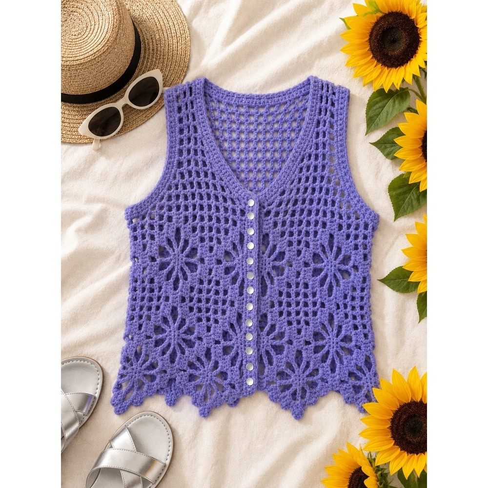 Lavender Purple Handmade Crochet Vest SzS DiamondFlowerPattern PearlButtons Boho